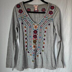 Sundance Embroidered Boho Long-sleeve Top Cotton Gray Size Medium